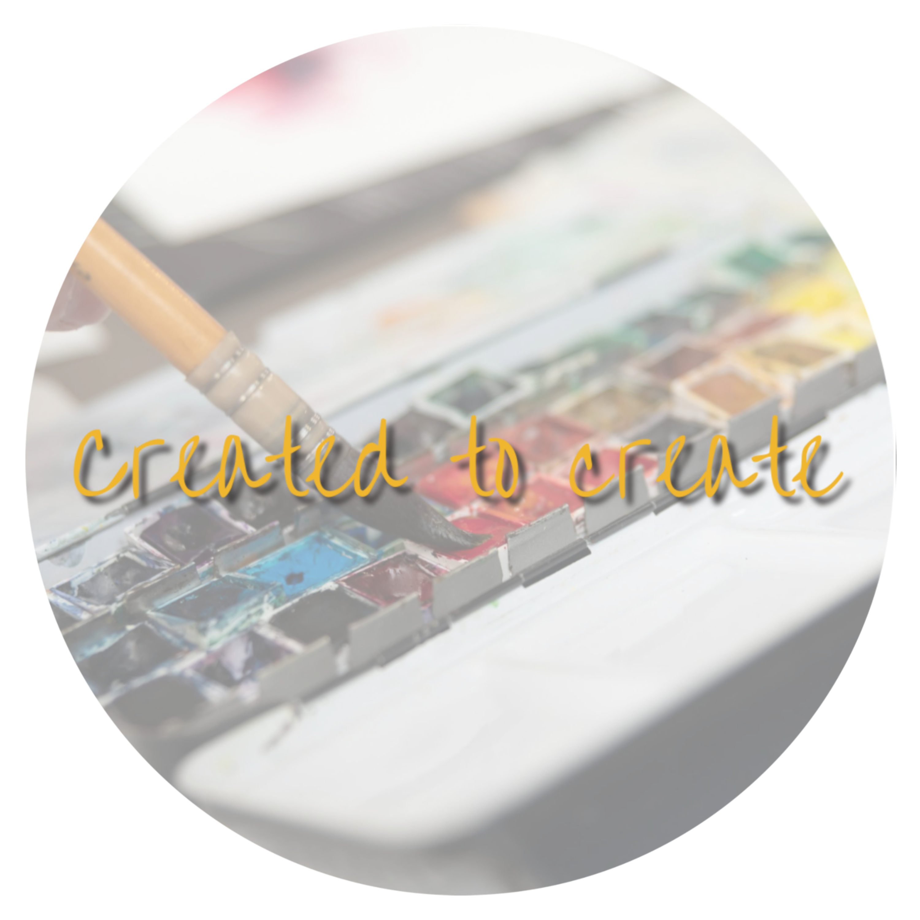 Circle logo showing a watercolour paint palette with yellow text which reads "created to create"